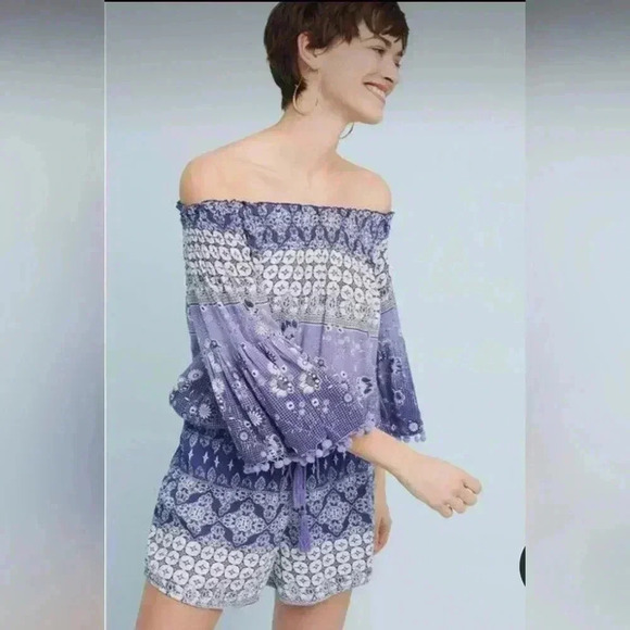 Anthropologie Raga Mazo Pommed Boho Blue Romper Women's Small - Picture 1 of 11